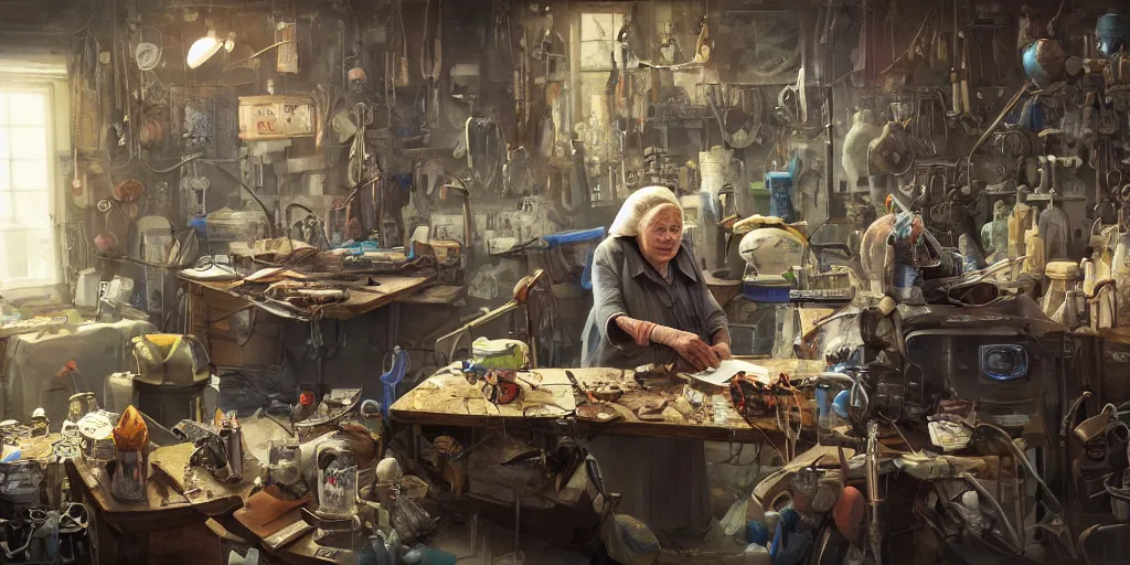 Image similar to an environmental concept art of an elderly russian woman cyberneticist in a cluttered workshop, surgical implements, surgery table, highly detailed, cinematic, dramatic, cyberpunk, dieselpunk, scifi