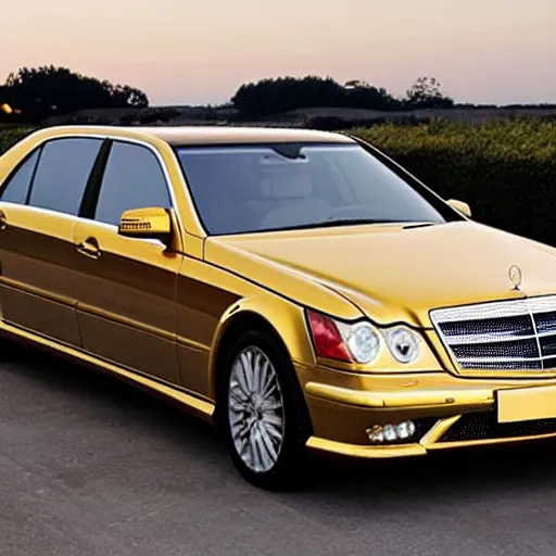 Image similar to an extremely luxurious golden mercedes adorned with diamonds