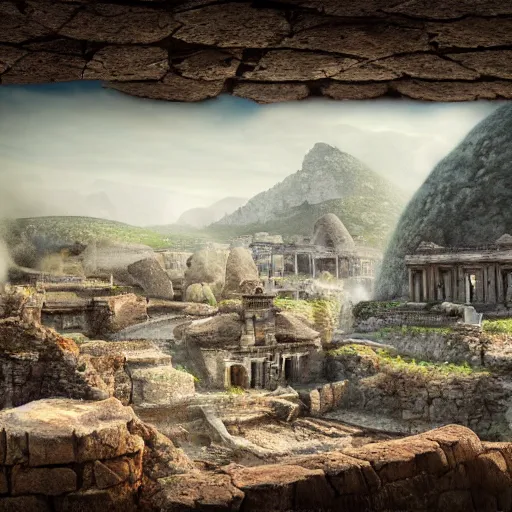 Image similar to A realistic detailed photo of an ancient city, rocks coming out of the ground, fire, dead peoples, destroyed city, foggy landscape, light particles, detailed light, realistic shaders, trending on artisation, detailed textures, detailed, realistic.