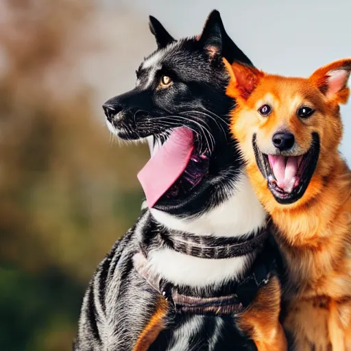 Image similar to a smiling dog sitting on top of a cat, professional photography