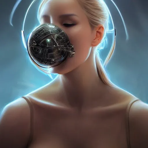 Image similar to a realistic detailed beautiful portrait of a cybernetic woman,glowing orb in her mouth, cyberpunk concept art, digital art, highly detailed, intricate, sci-fi, sharp focus, Trending on Artstation HQ, deviantart, unreal engine 5, 4K UHD image, hyperrealistic, photorealistic, art by artgerm and greg rutkowski and alphonse mucha