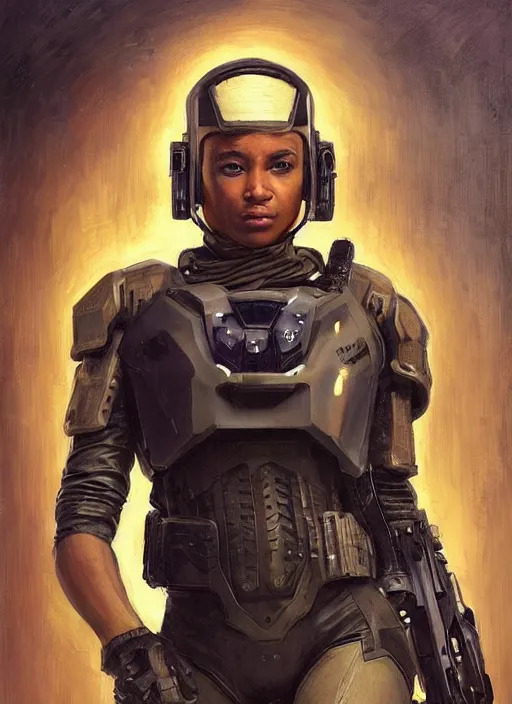 Prompt: Sgt. Sophia Igwe. Strong cyberpunk female USN Assault commando wearing a military cyberpunk exo-suit and stealth suit(cyberpunk 2077, bladerunner 2049). gorgeous face. Iranian orientalist portrait by john william waterhouse and Edwin Longsden Long and Theodore Ralli and Nasreddine Dinet, oil on canvas. Cinematic, hyper realism, realistic proportions, dramatic lighting, high detail 4k