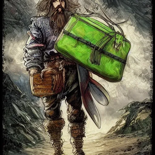 Prompt: a bearded and long haired bicycle food delivery worker with a green bag on his back in Europe, he has boots, epic fantasy style art by kim jung gi, fantasy epic digital art