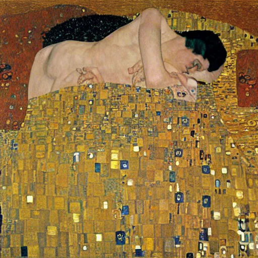 Image similar to a man laying in the sun covered by silk blankets, full body, Gustav Klimt painting