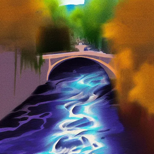 Image similar to digital art painting of a river running through a european town, very mediocre, not detailed at all.