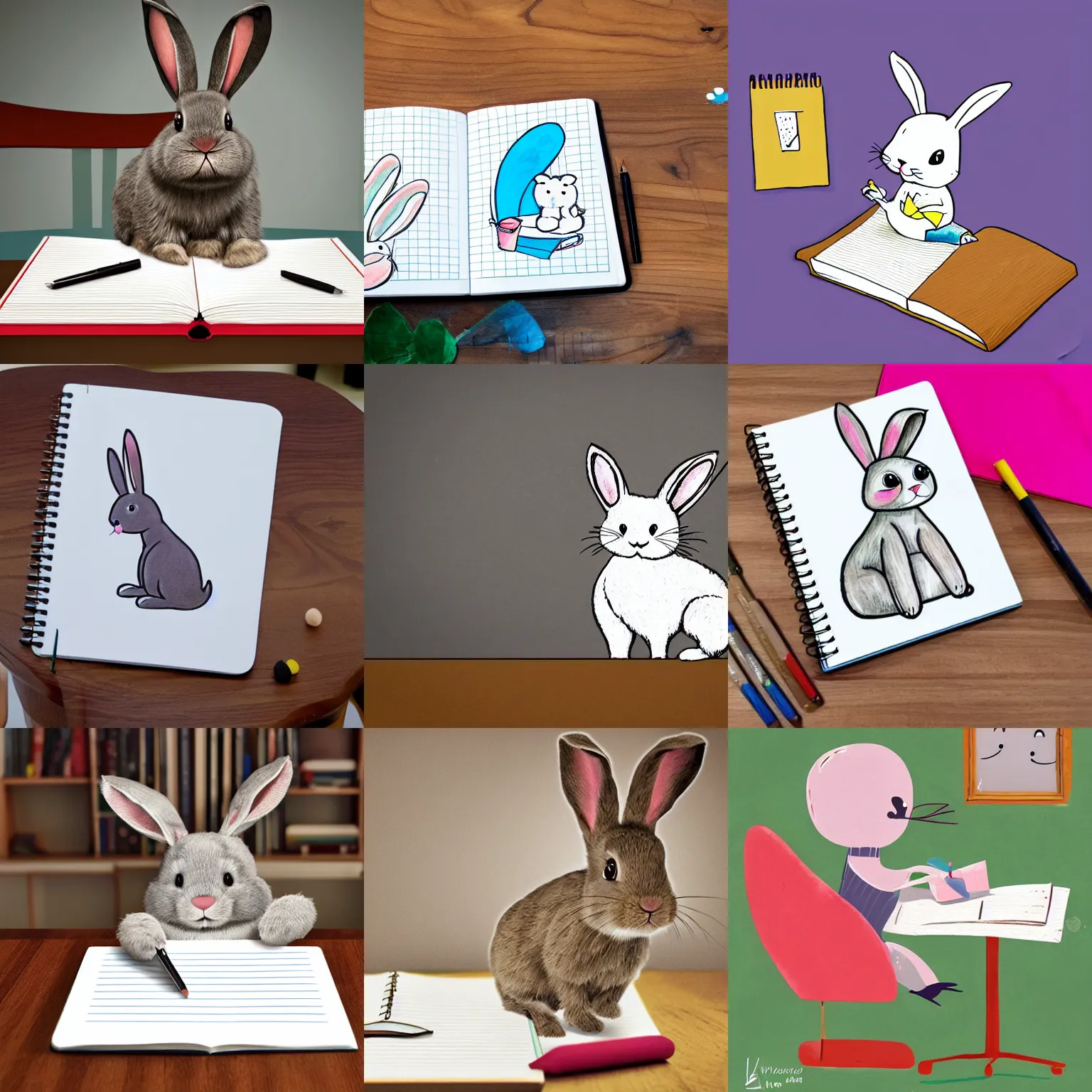 Prompt: a cute cartoon rabbit that is sitting on a chair and is writing on a notebook on a table, Children's Book Illustration, Laura Watson, Andy Catling, Nate Fakes, Basia Tran,