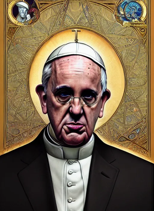 Image similar to pope francis, wearing a suit, tarot card art, deep focus, d & d, fantasy, intricate, elegant, highly detailed, digital painting, artstation, concept art, matte, sharp focus, illustration, hearthstone, art by artgerm and greg rutkowski and alphonse mucha