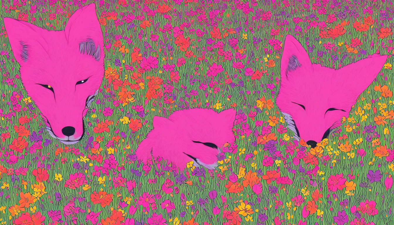 Prompt: pink fox head popping out of a field of multi colored flowers by Kilian Eng