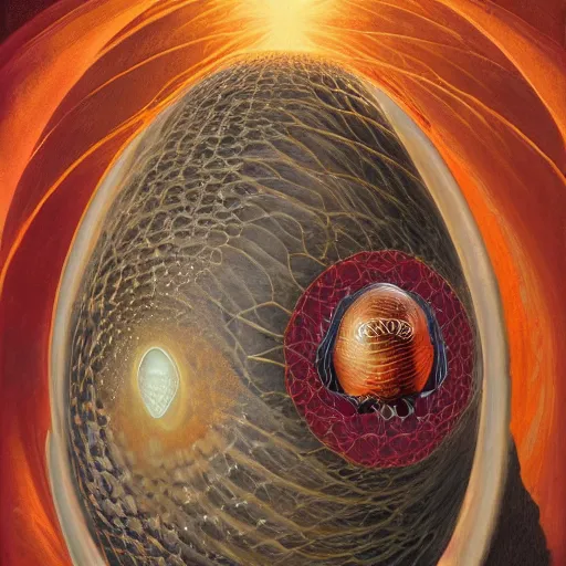 Image similar to portrait of immense, majestic, surreal, terrifying joe biden emerging from the cosmic egg, perfectly clear face, by j. c. leyendecker, alex grey, anato finnstark, bosch, and beksinski