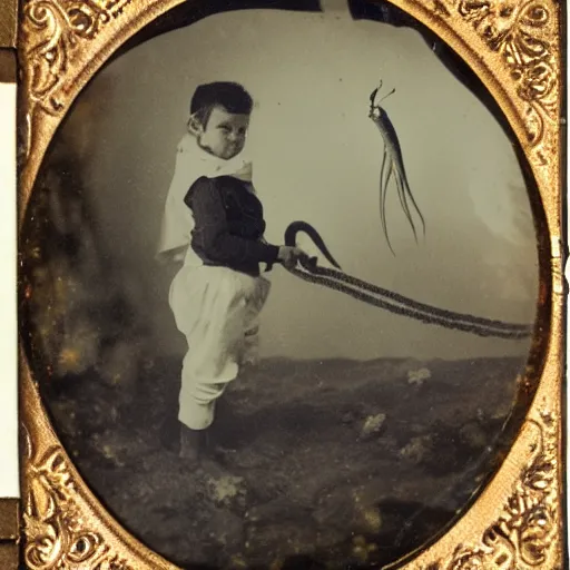 Image similar to tintype photo, boy rides a squid, underwater, jellyfish