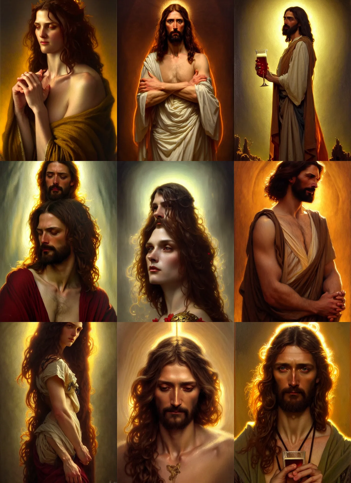 Prompt: bold jesus drink a beer, diffuse lighting, fantasy, intricate, elegant, highly detailed, lifelike, photorealistic, digital painting, artstation, illustration, concept art, smooth, sharp focus, art by john collier and albert aublet and krenz cushart and artem demura and alphonse mucha