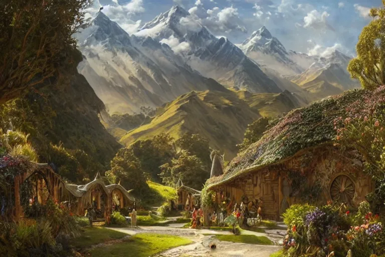 Image similar to a lord of the rings village in large new zealand landscape, shiny colors, high - key lighting, beautiful composition, intricate, elegant, pro photography by, highly detailed, art by artgerm and greg rutkowski and alphonse mucha