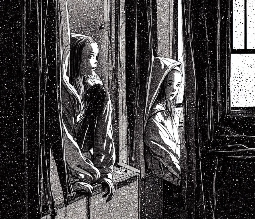 Image similar to sadie sink in hoodie sits on windowsill, knees tucked in | rain falls at night : storyboard, scifi cyberpunk. by gabriel hardman, chris bonura, joe alves. cinematic atmosphere, detailed and intricate, perfect anatomy