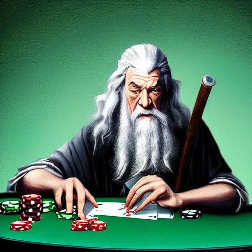 Image similar to gandalf playing poker, casino, highly detailed, digital art