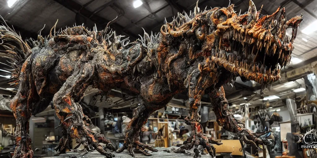 Image similar to photo taken of an epic intricate, ultra detailed, super realistic gritty, hero prop, exquisitely painted animatronic movie prop of a nightmarish hellish creature displayed in the workshop, created by weta workshop, full body shot, photorealistic, sharp focus