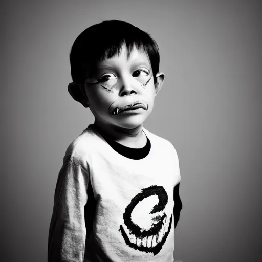 Prompt: the face of punk rock alien at 3 years old wearing balenciaga clothing, black and white portrait by julia cameron, chiaroscuro lighting, shallow depth of field, 8 0 mm, f 1. 8