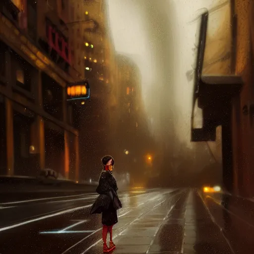 Image similar to detailed intricate digital illustration by greg rutkowski and artgerm and wlop and sanford robinson gifford ; girl standing in windy rainy city street, long exposure light streaks from car lights ; 1 3 mm film, arri alfa anamorphic lens ; sharp focus ; trending on artstation 8 k close view