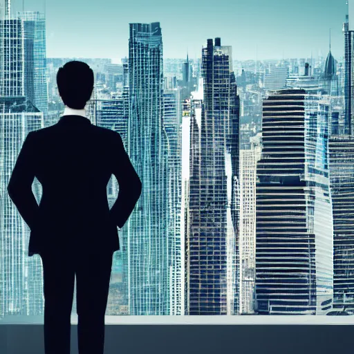 Prompt: man in a suit standing facing a city skyline, 4 k - hd profile picture