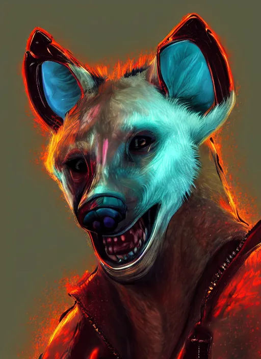 Prompt: digital painting of anthromorphic hyena female, fursona, furry fandom, neon rainy cyberpunk setting, anthro, wearing cyberpunk leather jacket, detailed face,