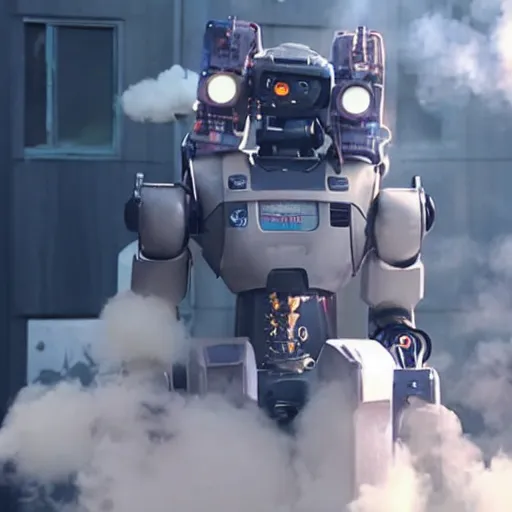 Prompt: chappie the robot making a vape smoke cloud, huge amount of vape, we get it you vape