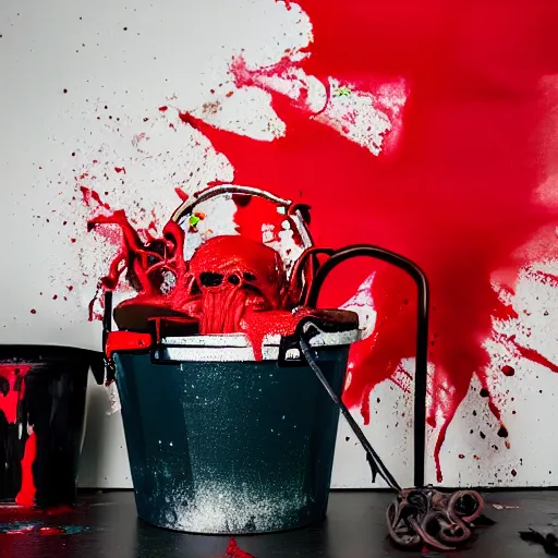 Image similar to a clean studio photography set, there is a bucket of red paint and it has just viciously exploded, there is paint EVERYWHERE, even on the octopus