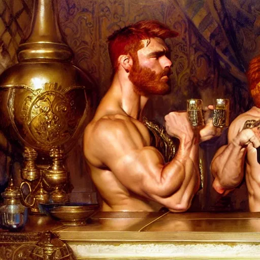 Prompt: attractive muscular mike with ginger hair with muscular attractive tyler with brunet hair, drinking their hearts out, in their noble mansion. very defined and highly detailed painting by gaston bussiere, craig mullins, j. c. leyendecker 8 k