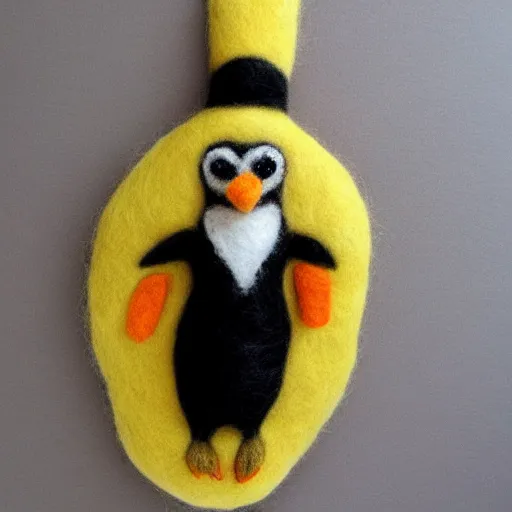 Prompt: a huge needle felted penguin, needle felting art.