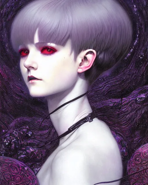 Image similar to portrait of beautiful cute young goth maiden girl with short white hairs in warhammer armor, art by ( ( ( kuvshinov ilya ) ) ) and wayne barlowe and gustav klimt and artgerm and wlop