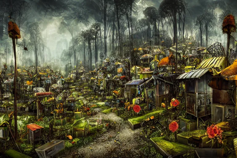 Image similar to elegance, favela graveyard honeybee hive, fungal forest environment, industrial factory, cheerful, award winning art, epic dreamlike fantasy landscape, ultra realistic,