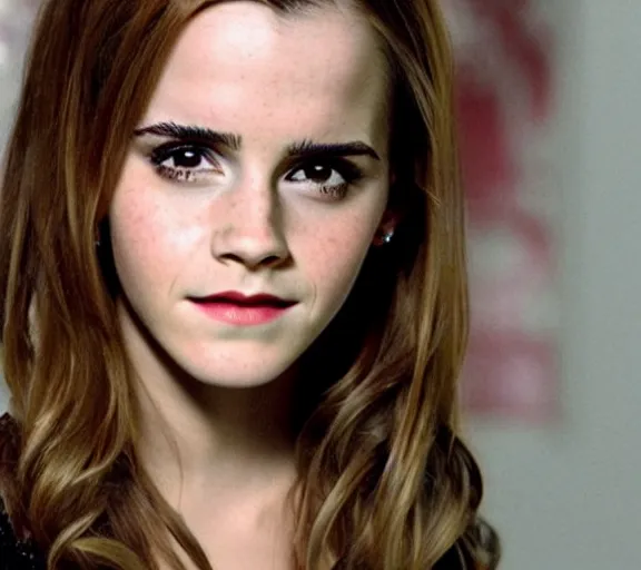 Prompt: color still shot of emma watson as buffy the vampire slayer, face closeup,