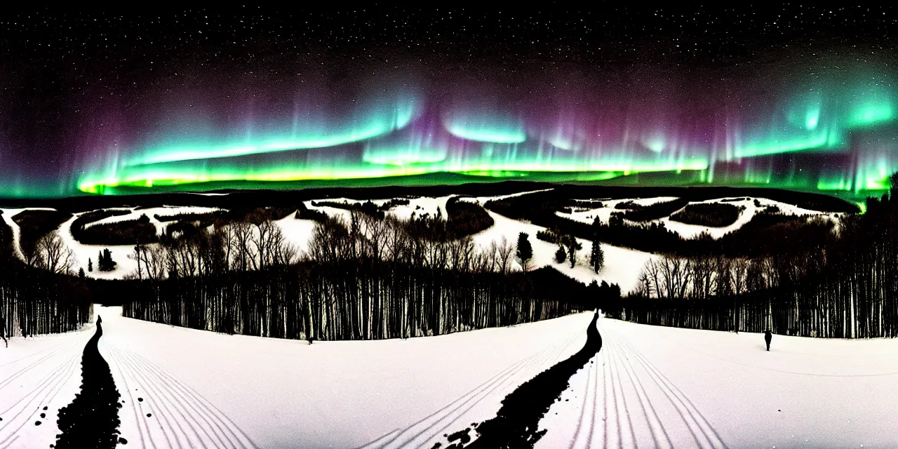 Image similar to laurentian appalachian mountains in winter, unique, original and creative black ink landscape, surrealist artwork, wide angle panorama, snowy night, distant town lights, aurora borealis, deers and ravens, lonely human walking, footsteps in the snow, fascinating textures, outstanding composition