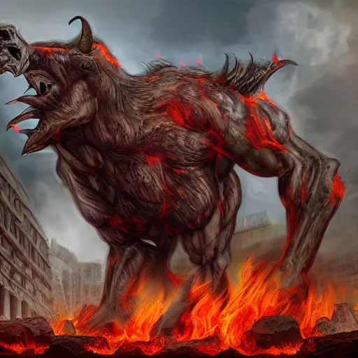 Prompt: immense, colossal demonic centaur. brutal. with bulging muscles and fiery eyes rampaging across the burning ruins of an ancient city. digital art.