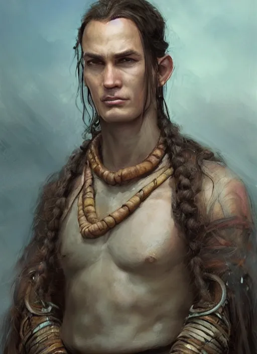 Image similar to a young shaman in his twenties with medium light brown hair tied back, a large forehead, a widows peak and a round face with high cheekbones as a realistic d & d fantasy character, portrait art by donato giancola and greg rutkowski, vintage retro, realistic face, digital art, trending on artstation