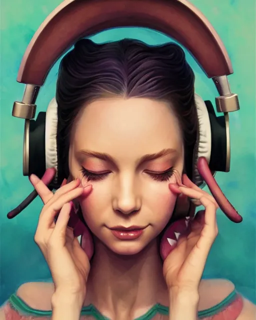 Prompt: faerie with headphones and a spliff. smug smile and closed eyes. noble bearing. award winning ornate symmetry matte portrait, artgerm, rhads watercolor, determination