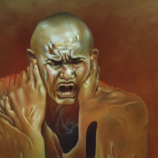 Image similar to Painting in a style of Beksinski featuring bibi netanyahu crying. Pain and suffering in the background