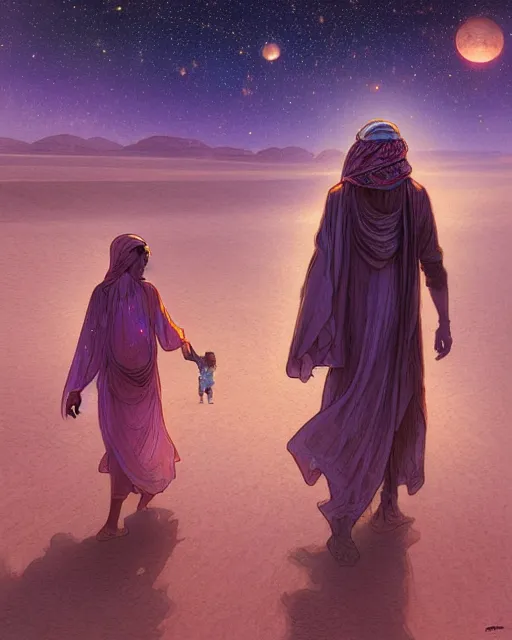 Image similar to bedouin man and woman and child in galaxy walking towards mosque surrounded by nebula, highly detailed, gold filigree, romantic storybook fantasy, soft cinematic lighting, award, disney concept art watercolor illustration by mandy jurgens and alphonse mucha and alena aenami, pastel color palette, featured on artstation