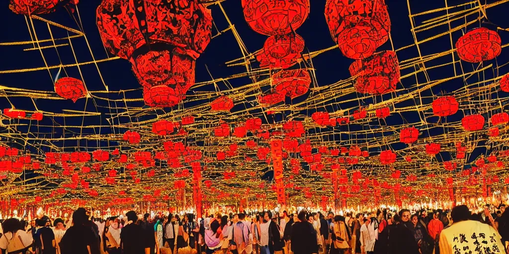 Image similar to photo of toro nagashi festival at midnight, beautiful colors and lighting, extremely intricate, hyper detailed, hd, masterpiece