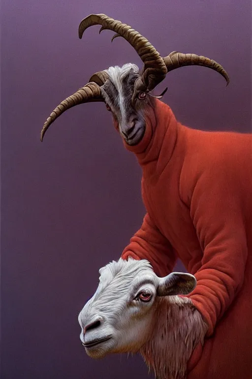 Image similar to painting of hybrid between human andy milonakis and a goat, by zdzislaw beksinski, by tiffany bozic, cold hue's, warm tone gradient background, concept art, beautiful composition, digital painting