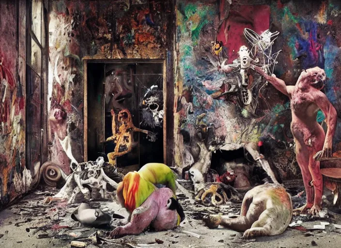 Image similar to animal riot in an art house feature film by alejandro jodorowsky, roger ballen and nobuyoshi araki : : exterior view, retro sci - fi, occult ritual : : triadic color scheme, dramatic lighting : : an oil painting in the style of francis bacon and adrian ghenie, 4 k