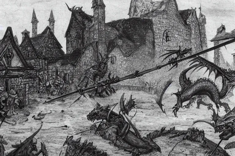 Prompt: very old photo of dragon attacking the medieval village