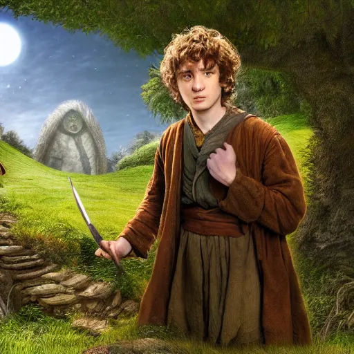 Image similar to frodo baggins in the shire surrounded by hobbit holes In the style of moebius, detailed 4k photograph, HDR, very detailed