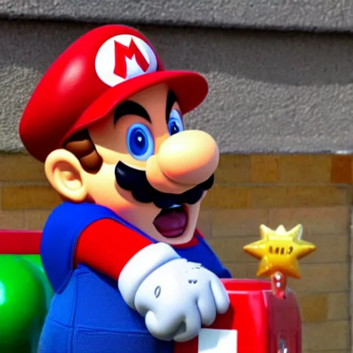 Prompt: super mario mascot looking at a kid and causing a little kid to cry and scream