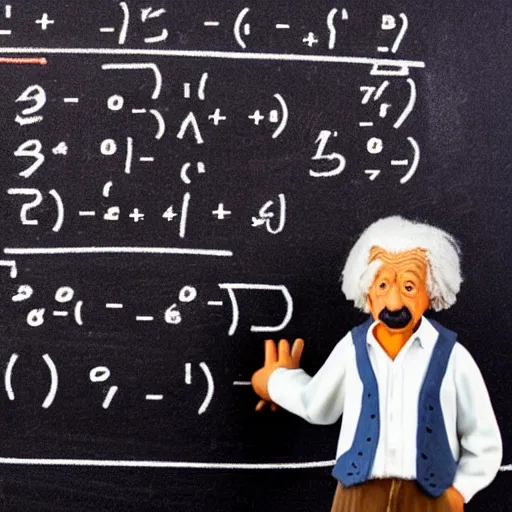 Prompt: miniature claymation albert einstein standing in front of blackboard with lots of mathematical formulas chalked on