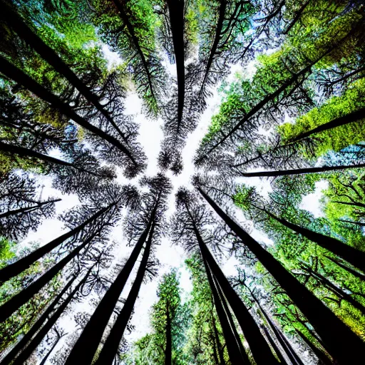 Prompt: looking up at the tops of trees in a forest, an ultrafine detailed painting by jon coffelt and benoit b. mandelbrot, shutterstock contest winner, generative art, multiple exposure, fisheye lens, high dynamic range