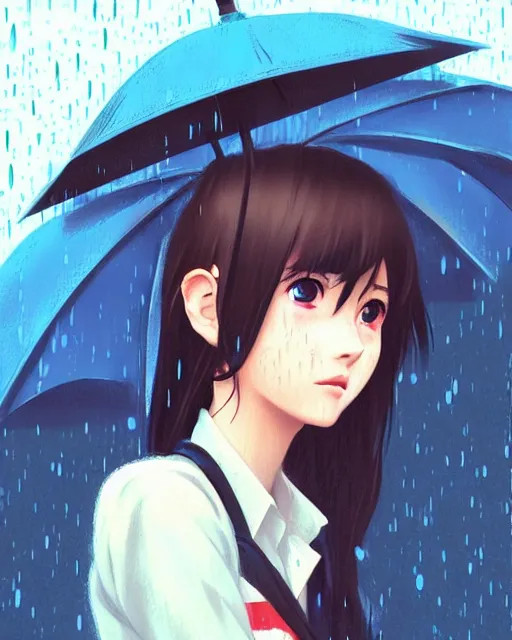 Image similar to cute girl in the rain. full shot | very very anime!!!, fine - face, audrey plaza, realistic shaded perfect face, fine details. anime. realistic shaded lighting poster by ilya kuvshinov katsuhiro otomo ghost, magali villeneuve, artgerm, jeremy lipkin and michael garmash and rob rey