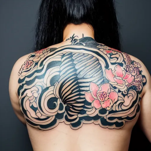 Image similar to photography of the back of a woman with an detailed irezumi tatto representing a tiger with flowers, mid-shot, editorial photography