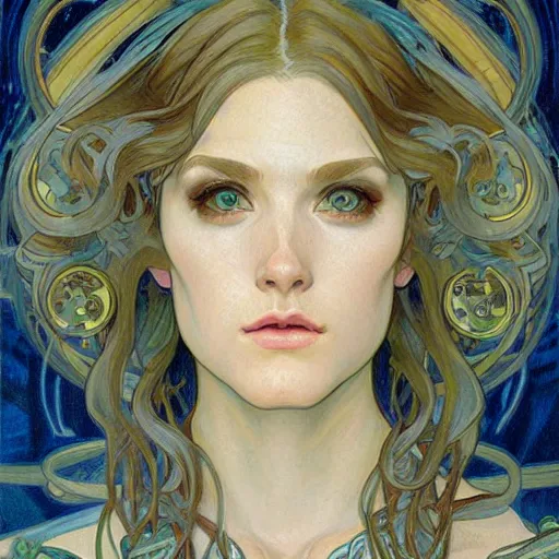 Image similar to a painting in the style of donato giancola, and in the style of ross tran, and in the style of alphonse mucha. smooth, sharp focus, semi - realism, symmetry.