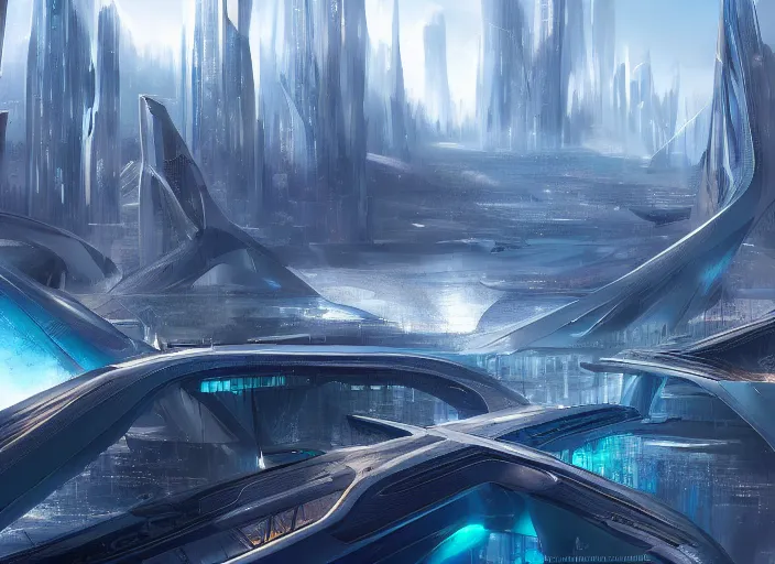 Prompt: a futuristic city surrounded by water and mountains with bridges over water, a detailed matte painting by Jon McCoy and Zaha Hadid, trending on cgsociety,, concept art, artstation