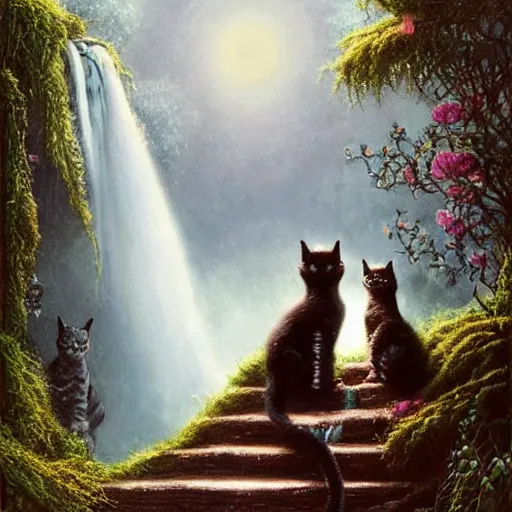 Image similar to two kittens in the enchanted forest stand on the steps and watch the waterfall, fantasy, intricate, extremely detailed, face enhance, matte, featured in artstation, art by louis wain, greg rutkowski