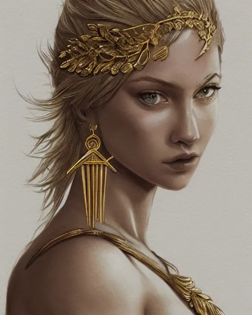 Image similar to tattoo sketch of blonde super model aphrodite greek goddess wearing a gold laurel wreath and triangle earrings, beautiful piercing gaze with sharp pupils, in the style of greg rutkowski, fantasy, amazing detail, epic, elegant, smooth, sharp focus, front view